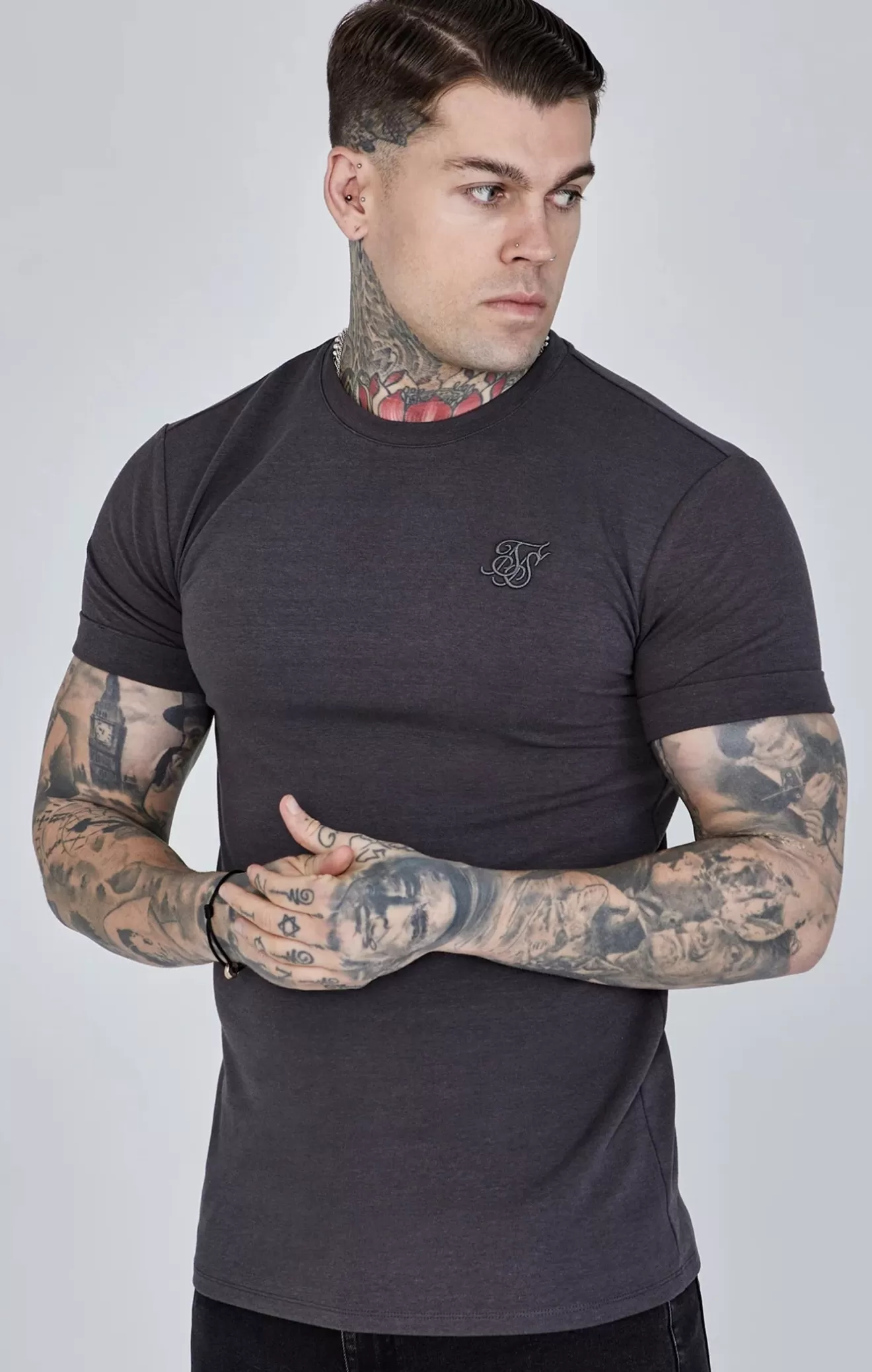 SikSilk T-Shirts^Grey Roll Sleeve T-Shirt