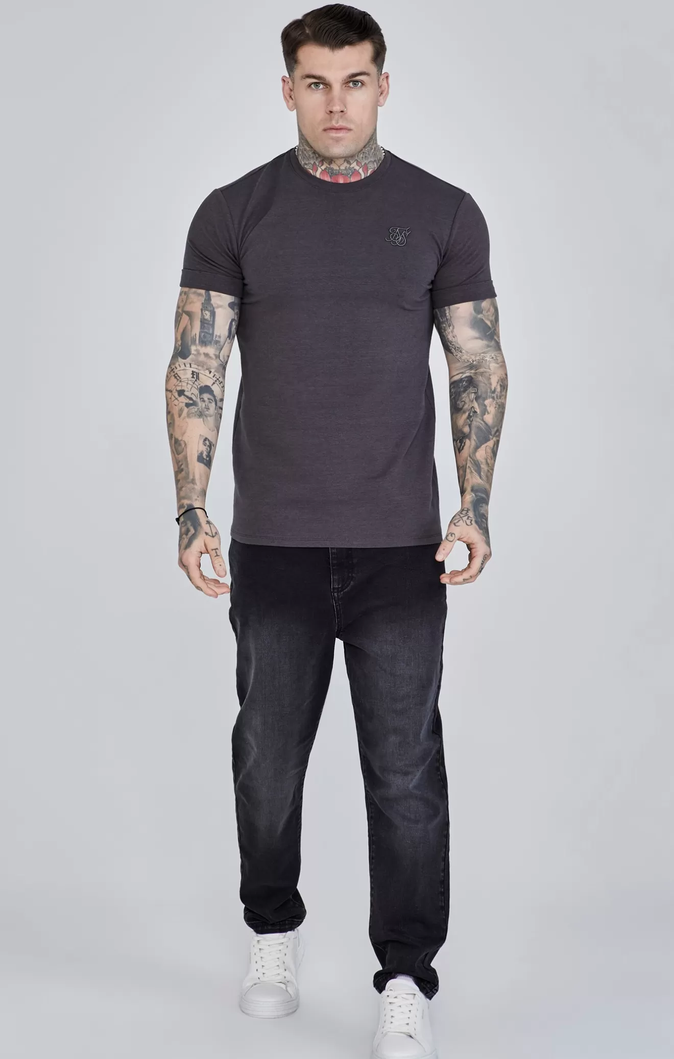 SikSilk T-Shirts^Grey Roll Sleeve T-Shirt